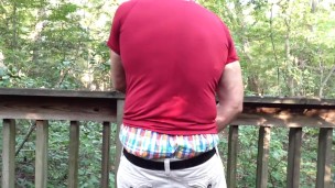 Public jerking-off in the woods, sagging in my boxers.