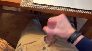 Jerking off and cumming at home at the dining room table. POV