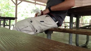 Quick Jerk-off and cum at the campground picnic area.