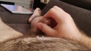 Moaning gay cub cums while watching porn
