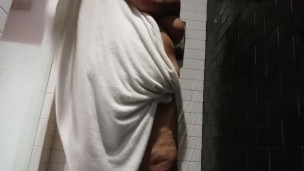 Superchub drying off after shower