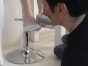 Princess Kirstin let her white stocking feet lick and kiss by her slave Bobby. 9/16
