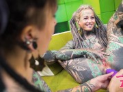 two alternative girls have rough threesome with a tattooed guy, blow his dick, pussy and anal fuck, gapes, facial cumshot 15/16