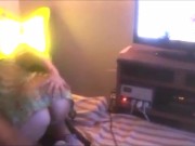 308 (01) - Putain de fille blanche en lingerie satinée (corset, culotte noire, résille, talons) 16/16