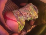 308 (02) - Putain de fille blanche en lingerie satinée (corset, culotte noire, résille, talons) 12/16