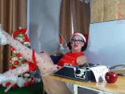 Pretty lady secretary dressed as a gnome, Santa's assistant on Christmas eve. 3 3/16