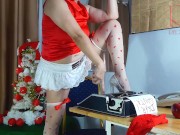 Pretty lady secretary dressed as a gnome, Santa's assistant on Christmas eve. 3 9/16