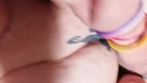 Slut cums all over vibrator toy, licks her own thick cum!