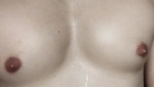 Sweat and wet chest muscle. touch this boobs