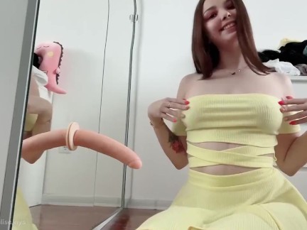 She likes play with her holes in front of the mirror