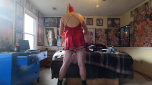 Huge fake tits crossdresser doing laundry in lingerie cuming on sexdoll Jasmines tits