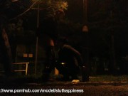 She drinks piss and cum in a public park while traffic passes 13/16