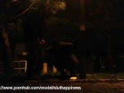 She drinks piss and cum in a public park while traffic passes 16/16