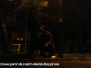 She drinks piss and cum in a public park while traffic passes 3/16