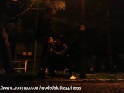 She drinks piss and cum in a public park while traffic passes 8/16