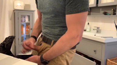 Beating my meat in the bathroom, verbal masturbation and cumming in khaki pants