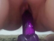 Loud BBW with thick thighs rides dildo stuck to floor - close up view 14/16