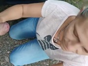 Milf sucking dick on the parking by the public road. Public cock sucking and cumshot on ground 2/16