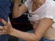 Milf sucking dick on the parking by the public road. Public cock sucking and cumshot on ground 8/16