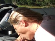 Milf sucking dick on the parking by the public road. Public cock sucking and cumshot 13/16