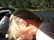 Milf sucking dick on the parking by the public road. Public cock sucking and cumshot 14/16