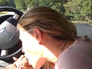 Milf sucking dick on the parking by the public road. Public cock sucking and cumshot 9/16
