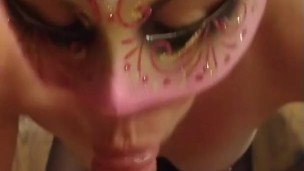Hotwife giving blowjob with mask on with cumshotpart 2