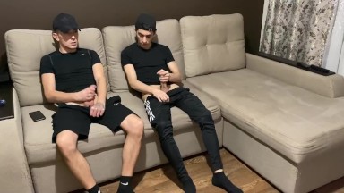 Straight jerk off with twink gay friend in sportswear (blowjob and cum in mouth)