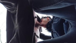 Sucking cock till cum drips out of mouth - view from below