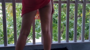 Sweet big ass with anal plug Relaxing on terrasa