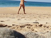 Fitness couple undress on a public beach and masturbate with people watching