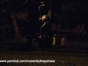 Collar and leash slut sucking dick and take facial Night Blowjob PUBLICC!! 11/16