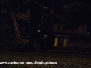 Collar and leash slut sucking dick and take facial Night Blowjob PUBLICC!! 8/16