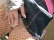 Blonde at public toilet masturbating and fingering