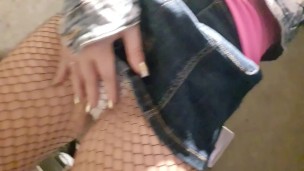 Blonde at public toilet masturbating and fingering