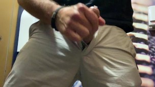 Horny so I jerk-off between trains in the toilet and cum. Bulge in my pants at end