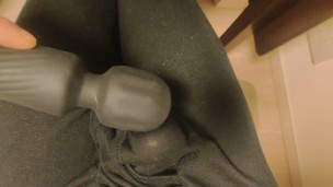 Stimulate with electric massager in the crotch of black tights. Unbearably big launch.