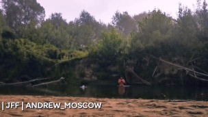 Risky adventure naked boy jerking on the misty river. 