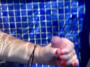 Big tits slut gives perfect handjob in hotel pool - high risky with cumshot in pool :P !