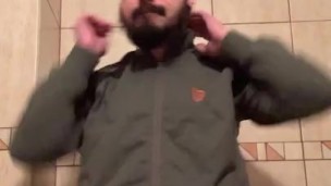 Bearded scally lad jerks off, pisses and cums in close-up