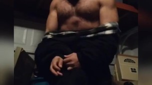 Hot Muscle Stud Bodybuilder Lifting Random Items in the Garage and Jerking Big Dick