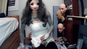 Emily's Masks Pt2! Doll masked Celli plays with her rubber self and her tight white dress!