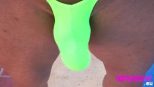 exhibitionist muscle man shows off in his cock sheath thongs