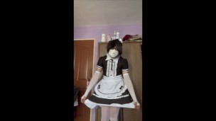Femboy maid fucks dildo and cums into a condom