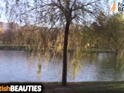 Barefoot redhead reveals feet in public 2/16