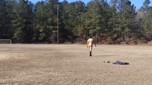 Throwing boomerangs naked at Public park 