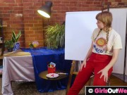 Busty blondie fucks her hairy pussy with cucumber 3/16