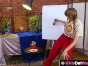 Busty blondie fucks her hairy pussy with cucumber 4/16