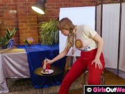 Busty blondie fucks her hairy pussy with cucumber 5/16