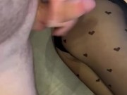 Foot job with black nylon and cum on leggs  15/16